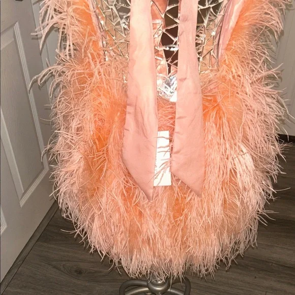 SAFFIYYAH PAUL Ostrich Feather Peach High Neck Open Back Mini Dress M/L Backless